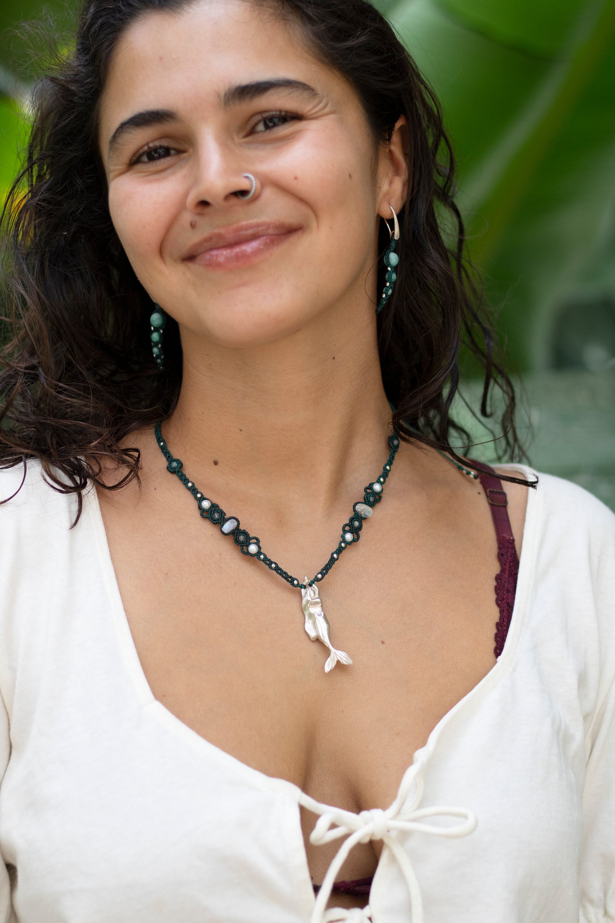 Collar de Sirena de plata con Piedra Luna Arcoiris, Perlas y Labradorita