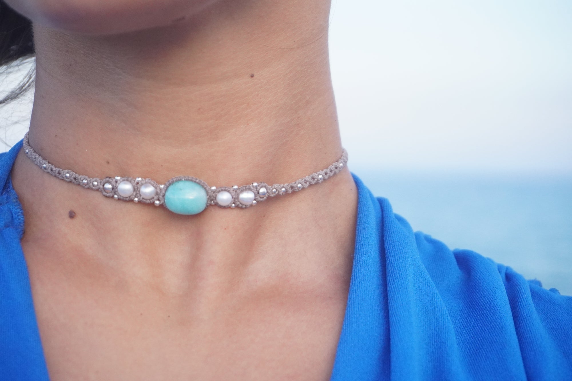 Choker de Amazonita, Perlas y Amatista