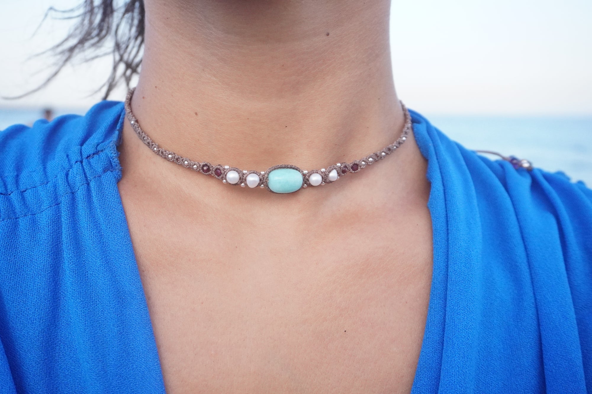 Choker de Amazonita, Perlas, Amatista y Granate