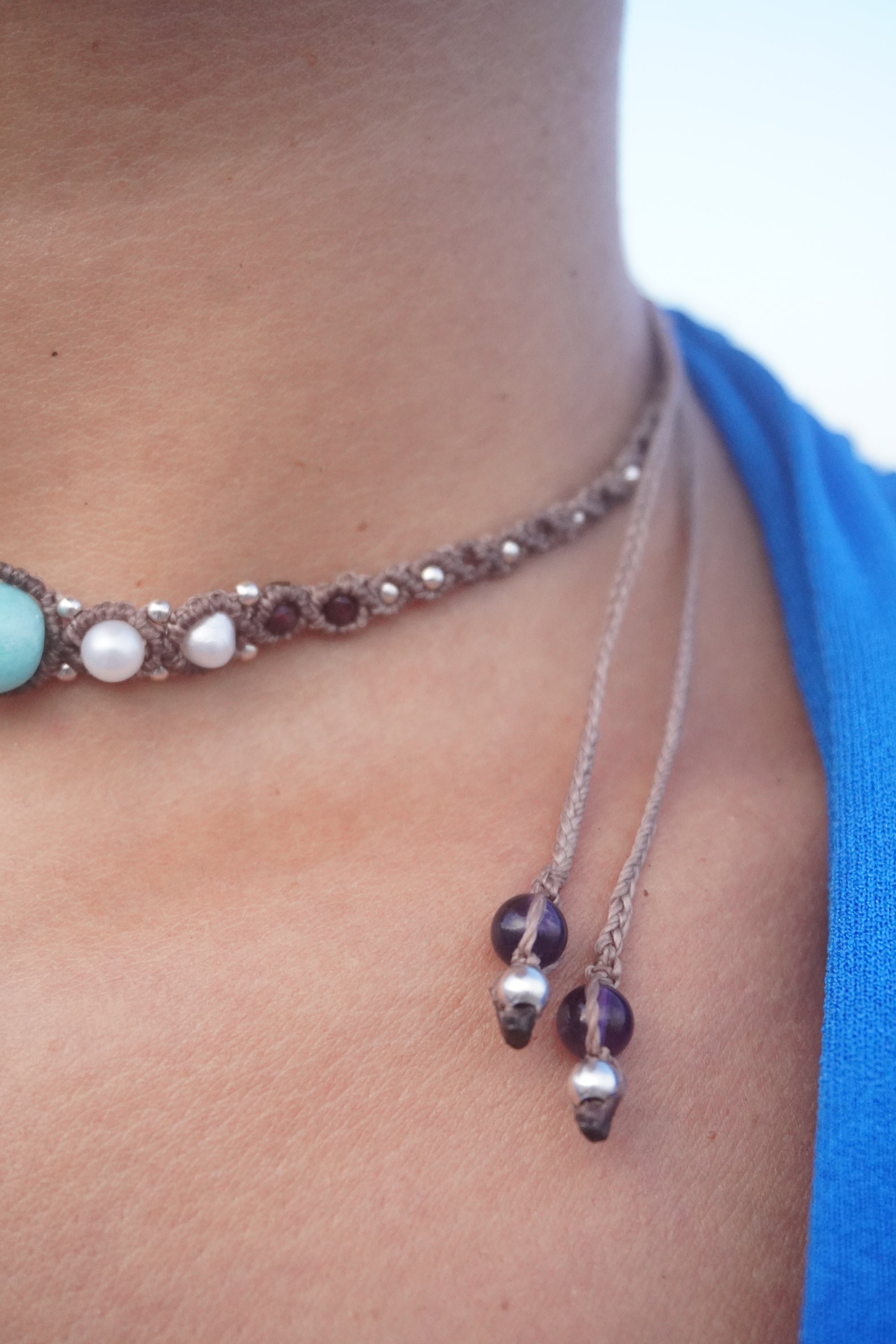 Choker de Amazonita, Perlas, Amatista y Granate
