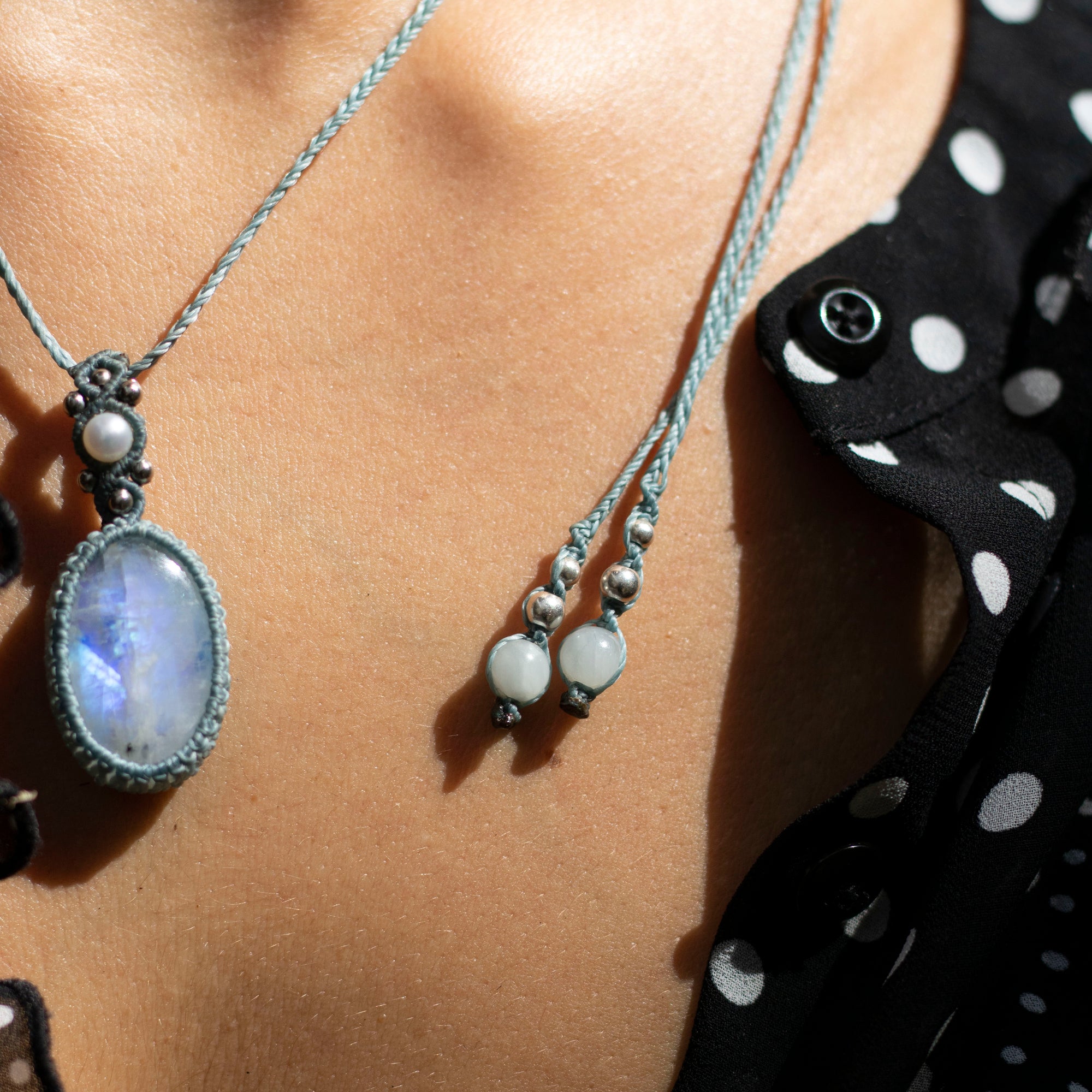 Collar de Piedra Luna Arcoiris, Perlas y Aguamarina