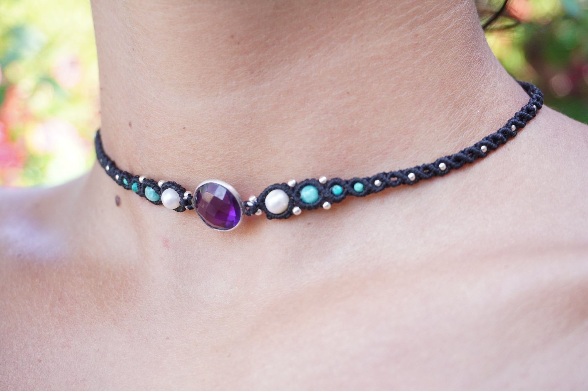 Choker de Amatista, Perlas, Amazonita y Turquesa
