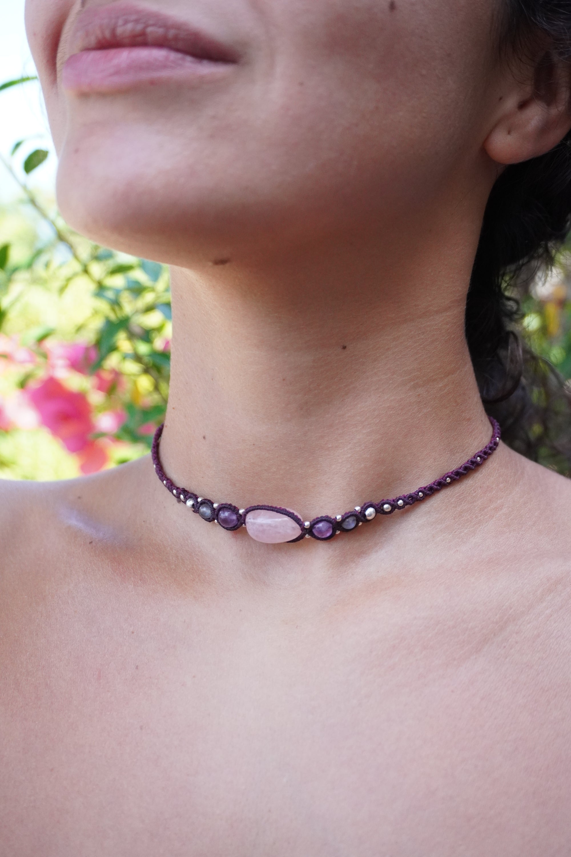Choker de Rodonita, Aamatista, Labradorita y Cuarzo rosa