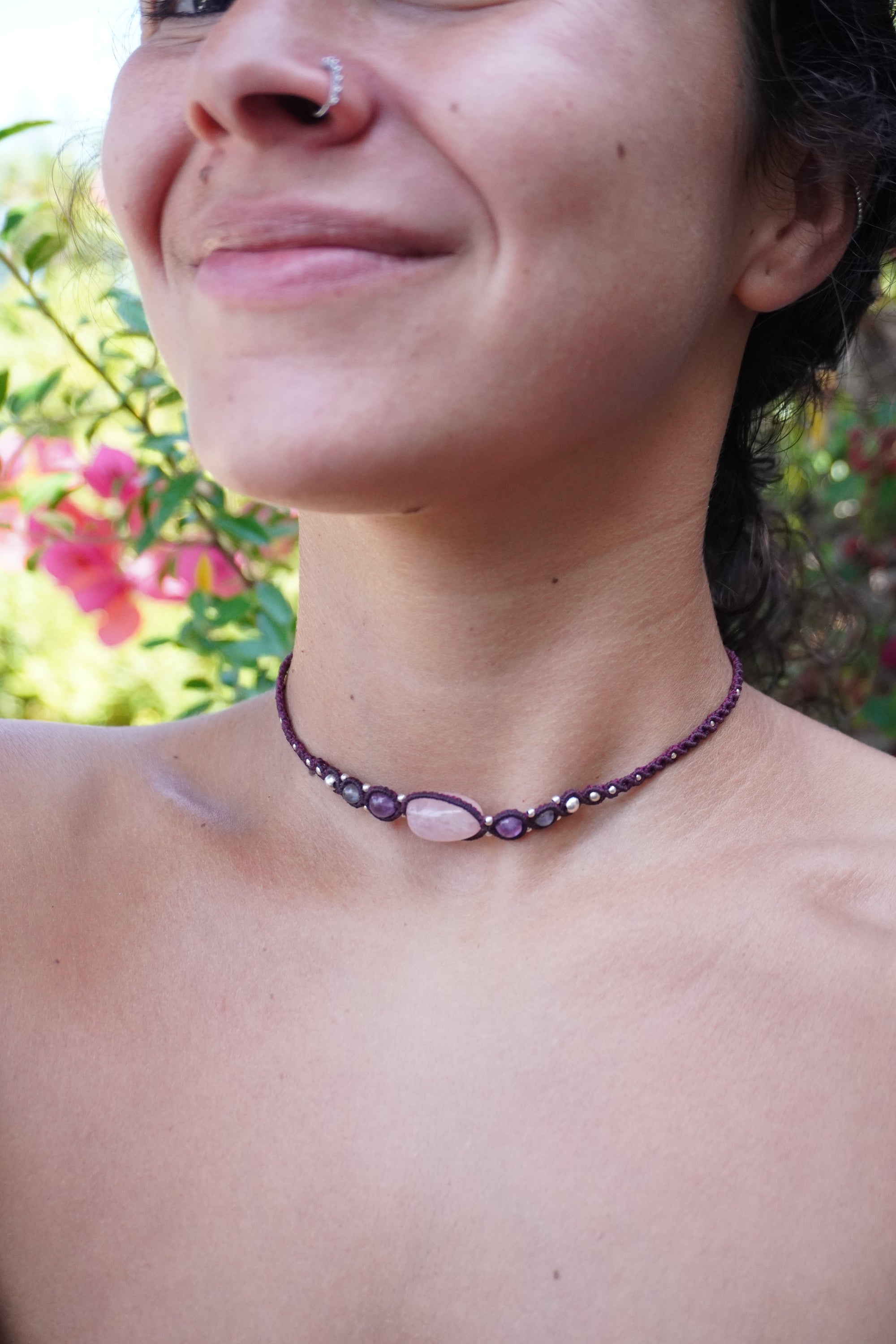 Choker de Rodonita, Aamatista, Labradorita y Cuarzo rosa