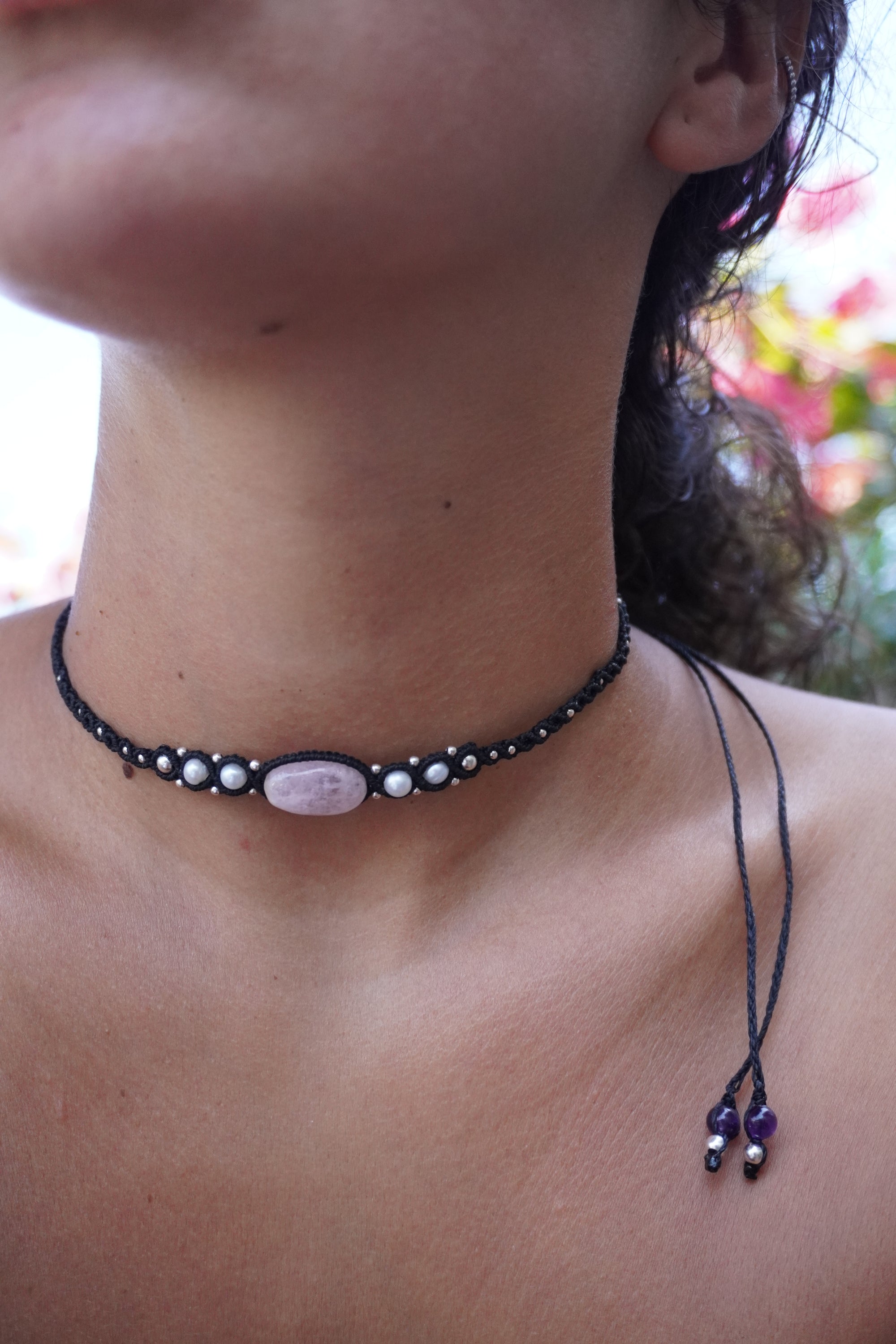 Choker de Rodonita, Perlas y Amatista