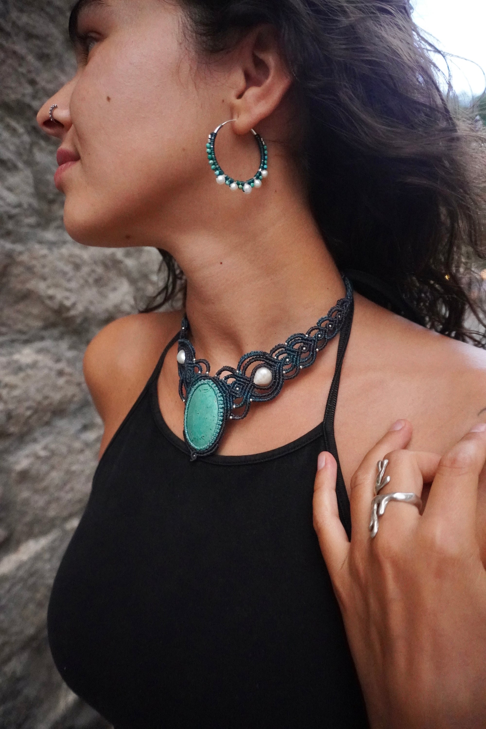 Gargantilla de Turquesa, Perlas y Cuarzo Verde