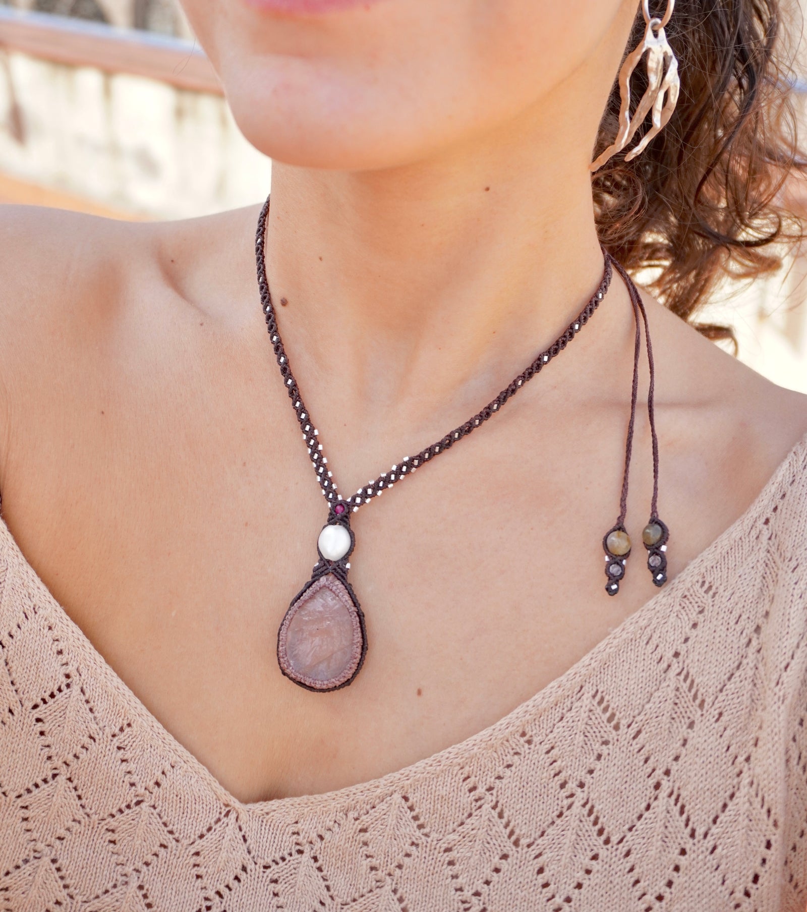 Collar Cuarzo Rosa sin pulir, Perla, Rubí y Labradorita