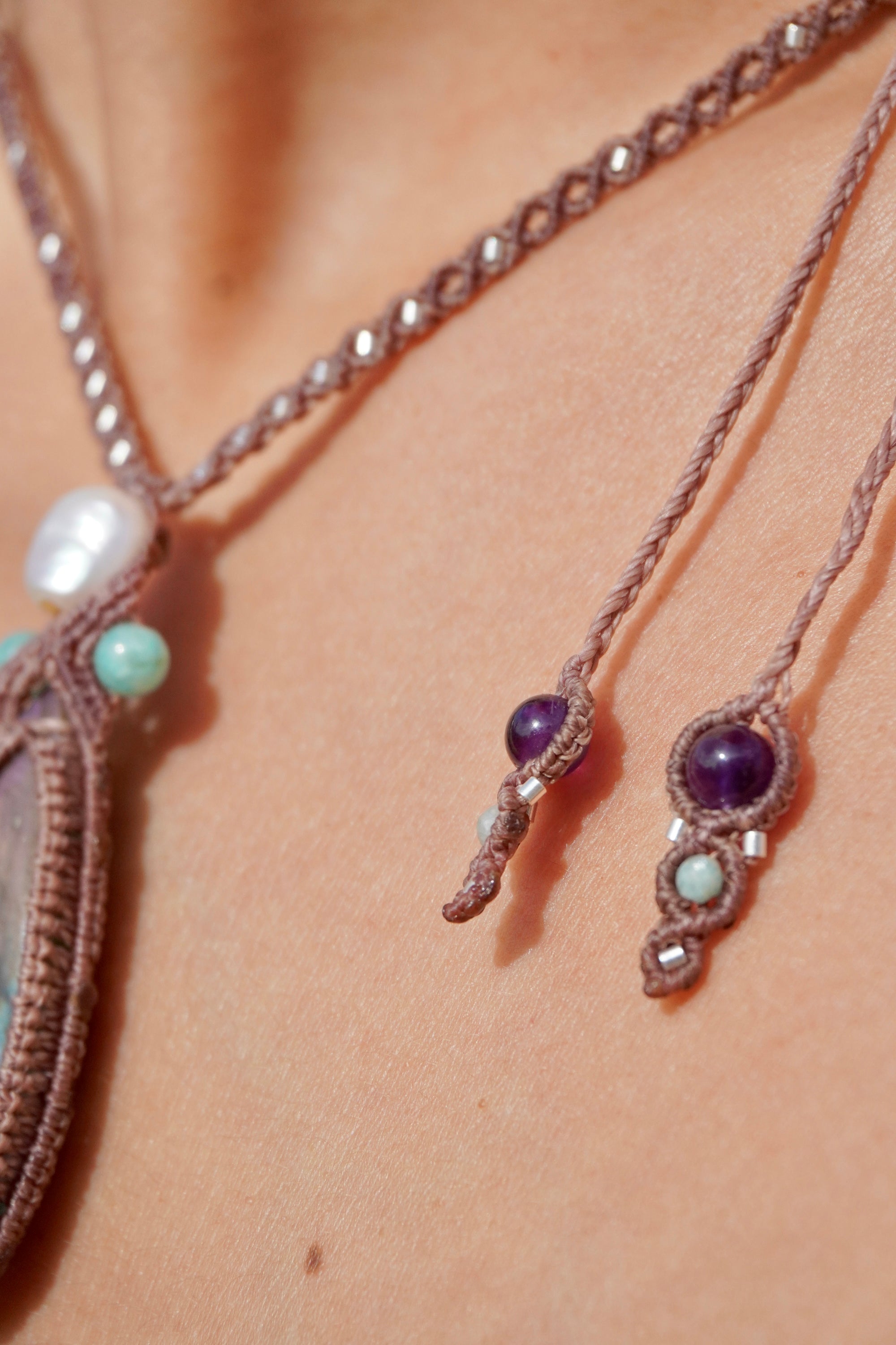 Collar labradorita, Amazonita, Perla y Amatista