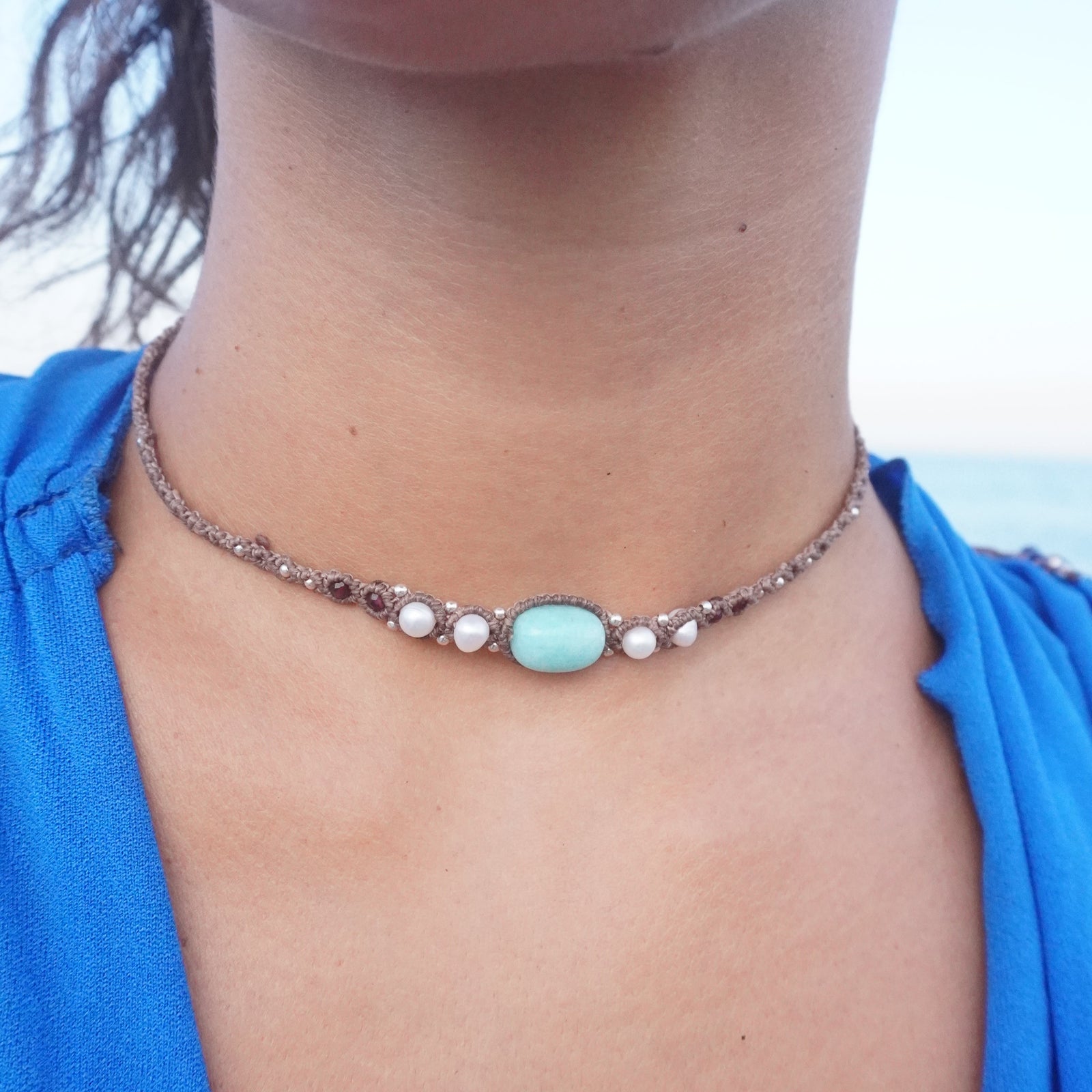 Choker de Amazonita, Perlas, Amatista y Granate