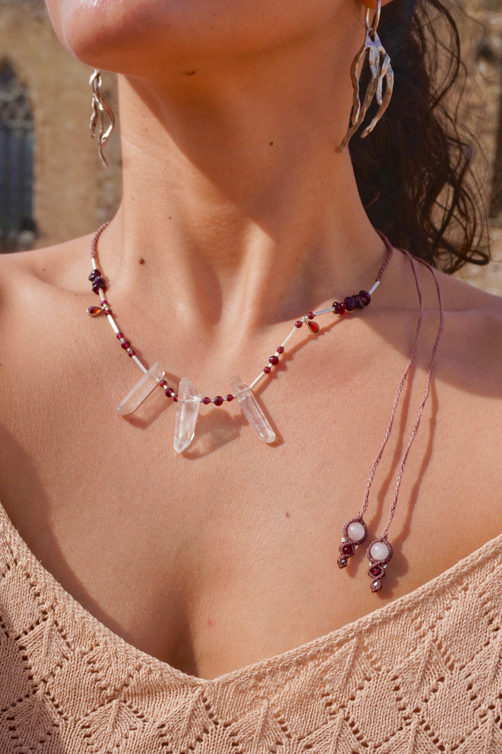 Collar puntas de Cuarzo, Granates y Cuarzo rosa