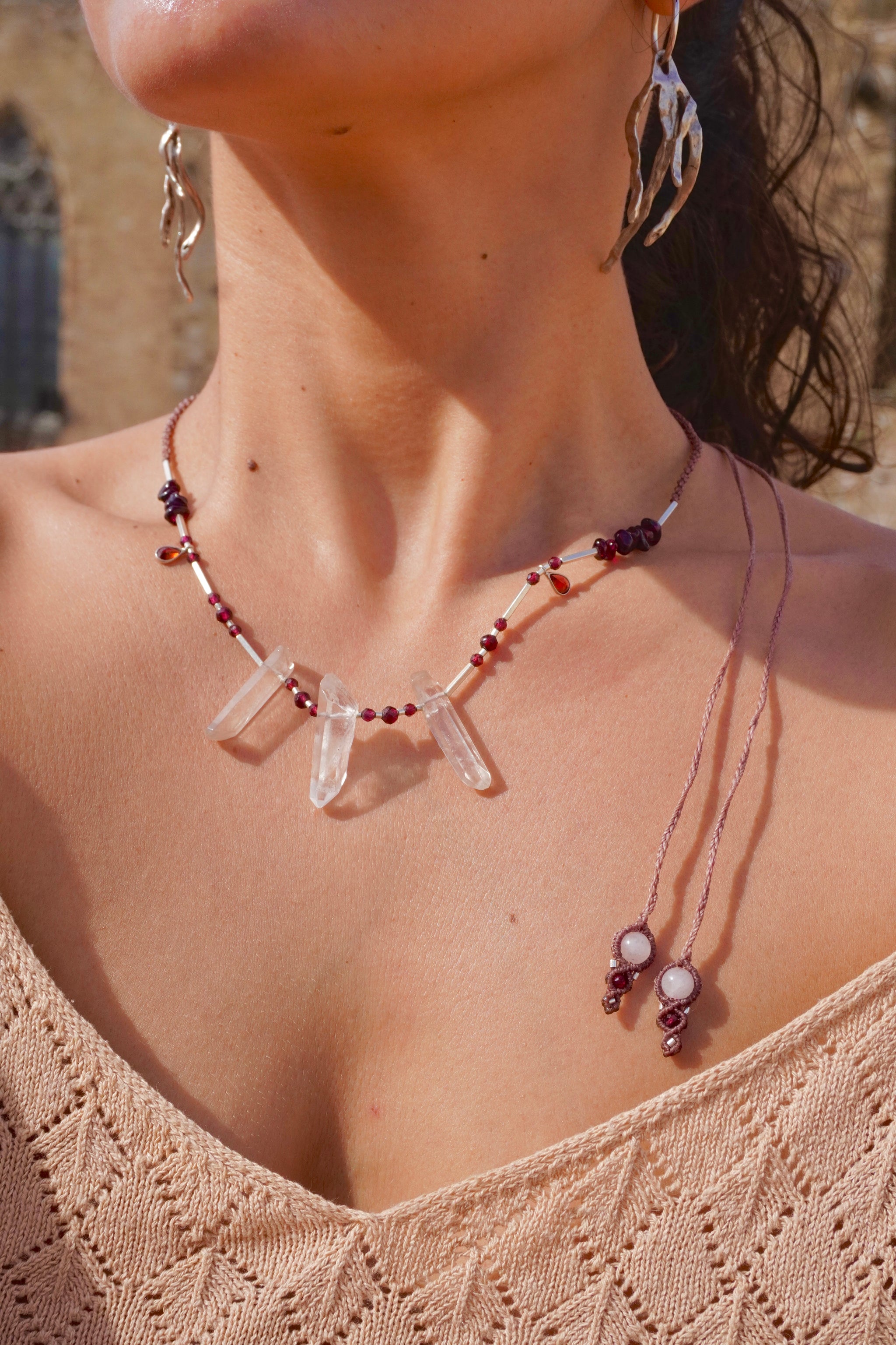Collar puntas de Cuarzo, Granates y Cuarzo rosa