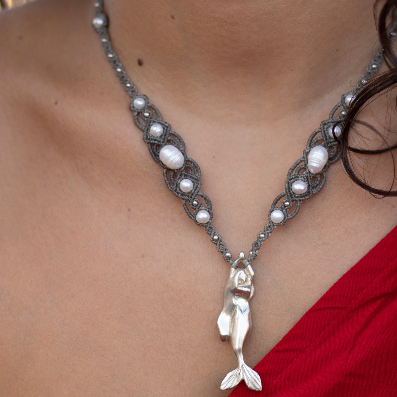 Collar Sirena de plata con Perlas y Piedra Luna Arcoiris