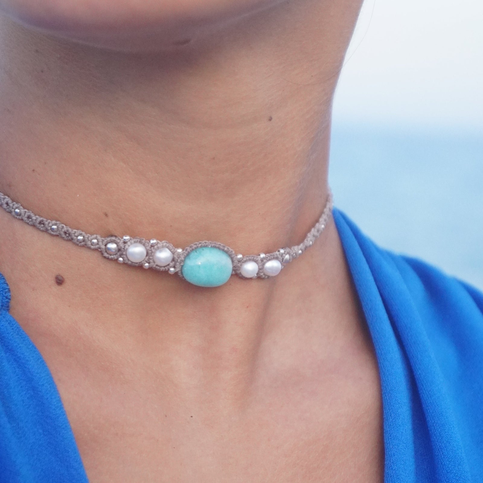 Choker de Amazonita, Perlas y Amatista