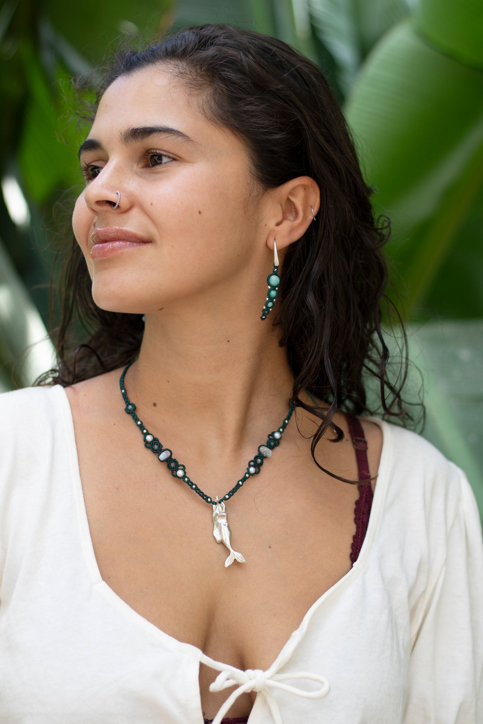 Collar de Sirena de plata con Piedra Luna Arcoiris, Perlas y Labradorita