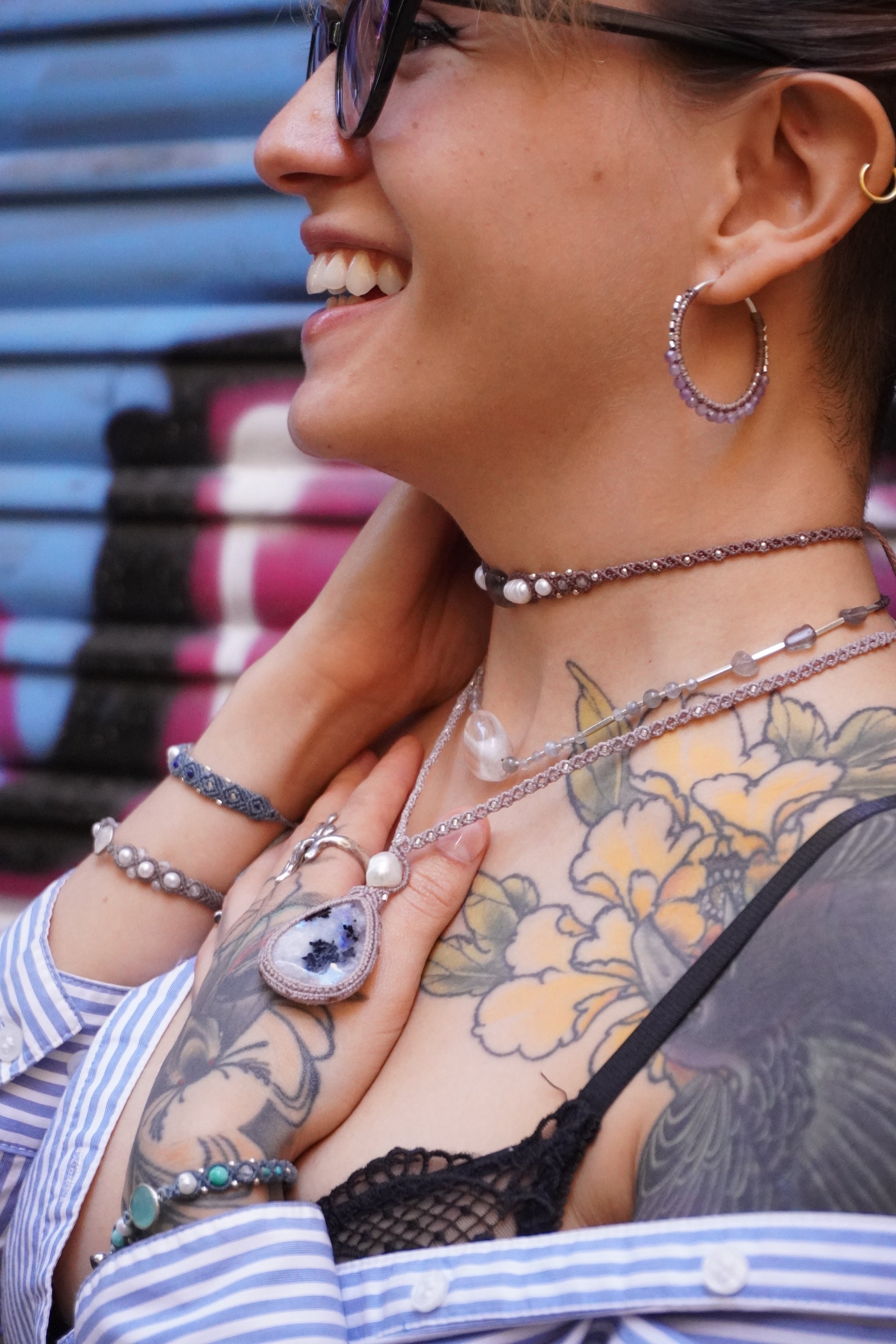 Collar Piedra Luna Arcoíris, Perla, Amatista y Labradorita