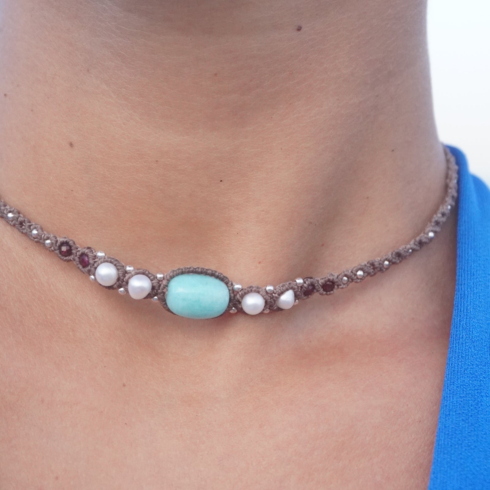 Choker de Amazonita, Perlas, Amatista y Granate