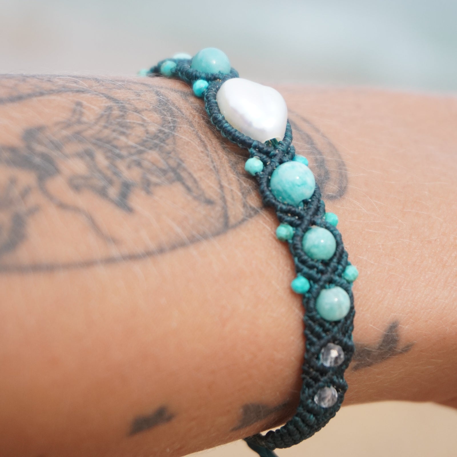 Pulsera de Perla, Amazonitas y Turquesas
