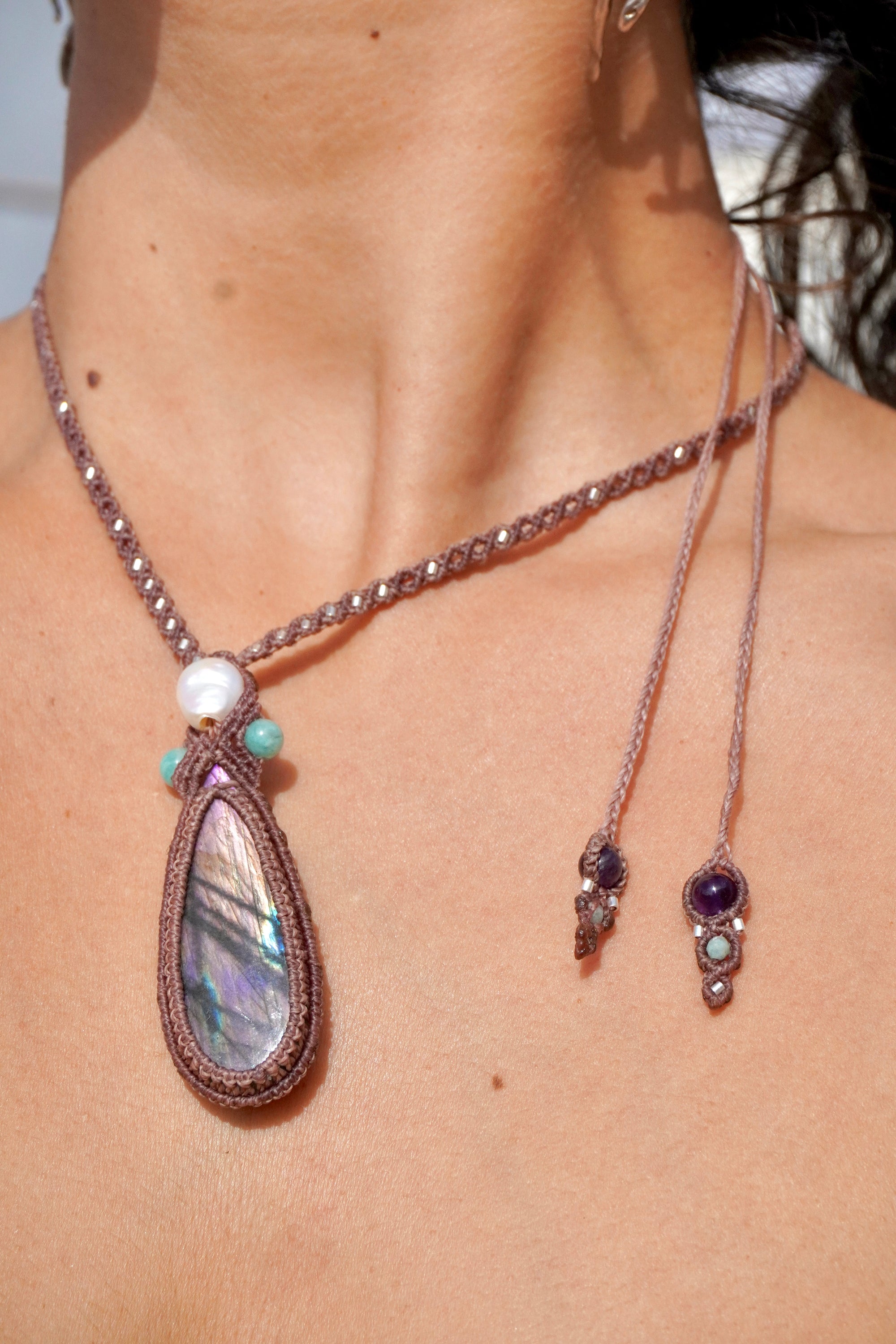 Collar labradorita, Amazonita, Perla y Amatista