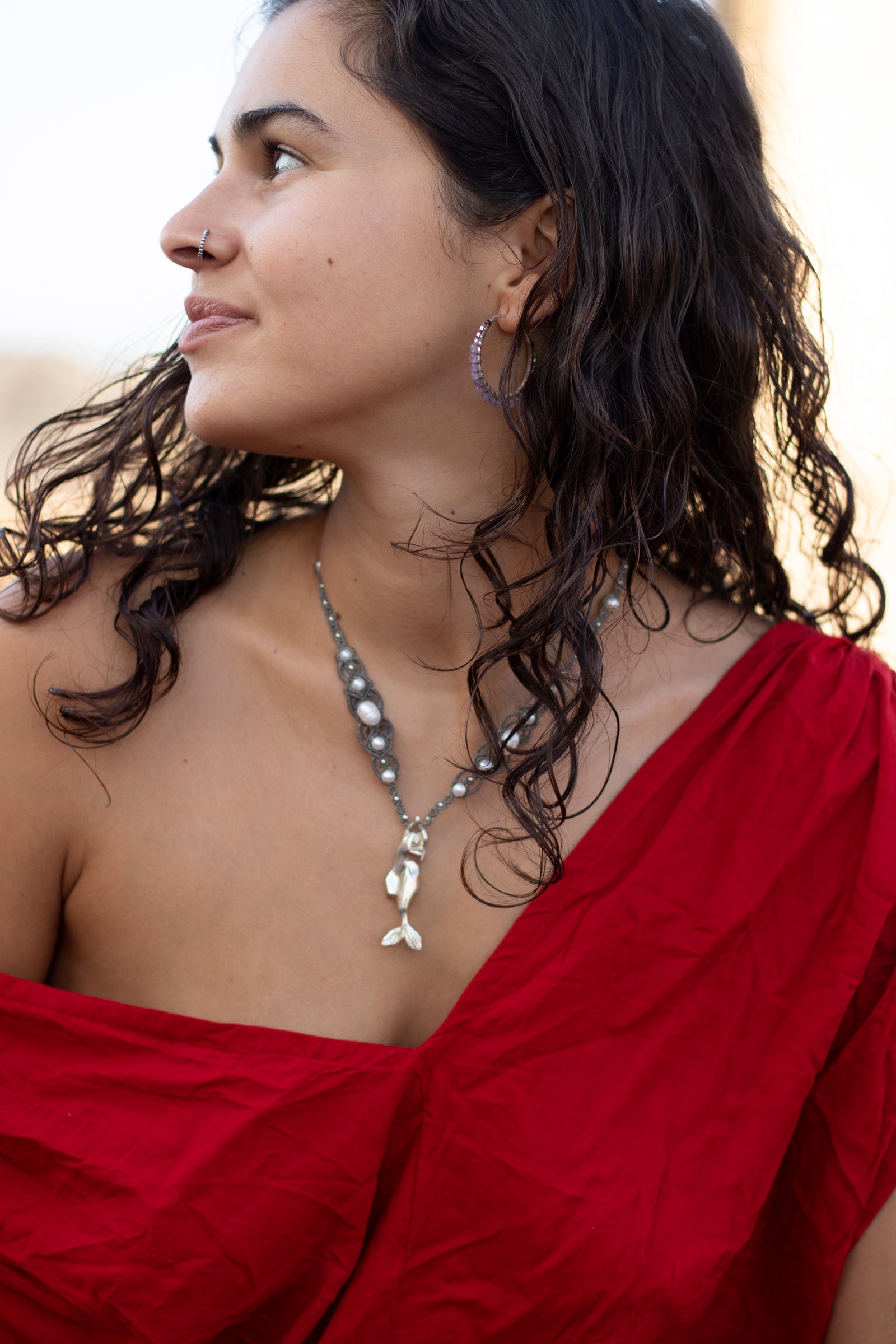 Collar Sirena de plata con Perlas y Piedra Luna Arcoiris
