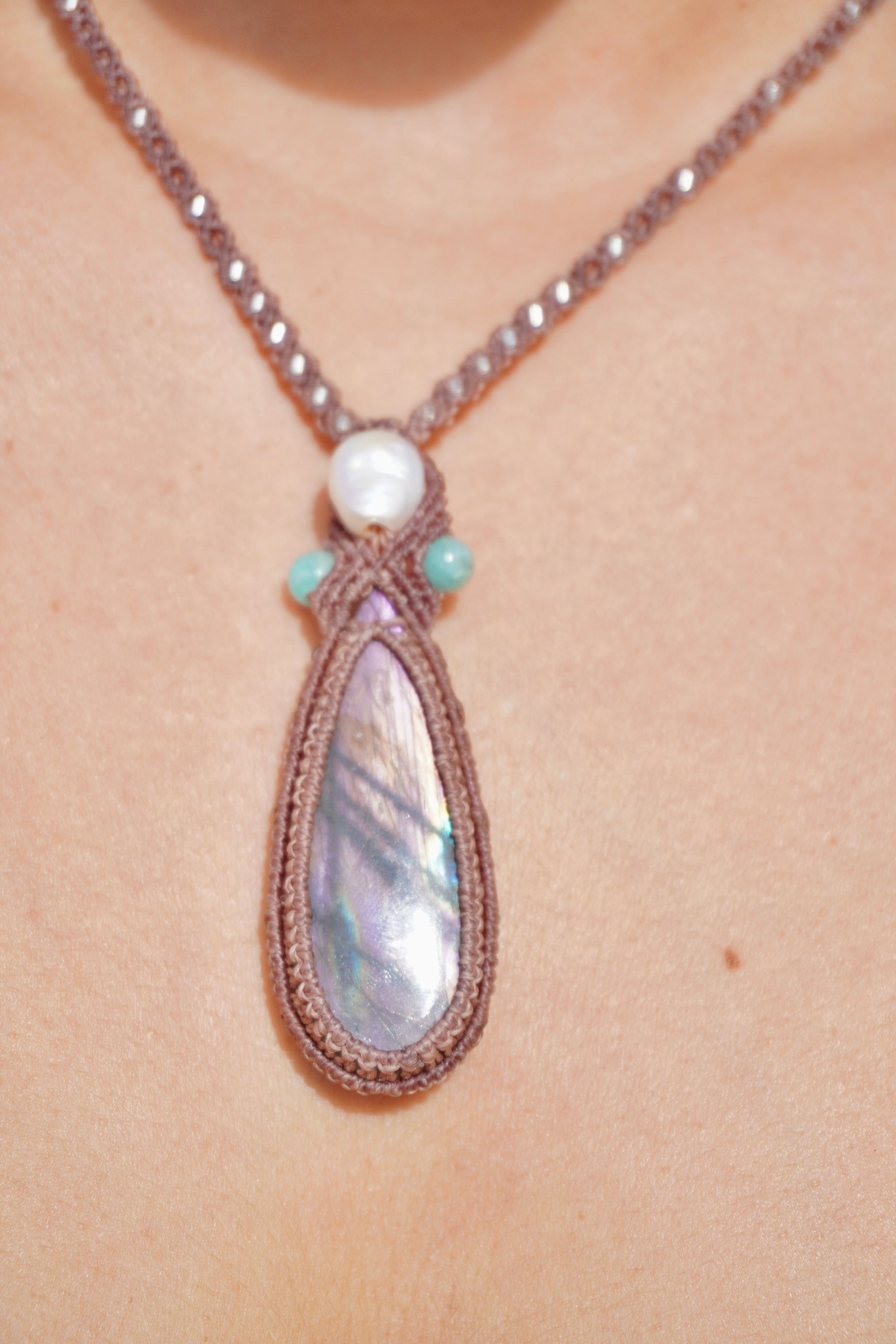 Collar labradorita, Amazonita, Perla y Amatista