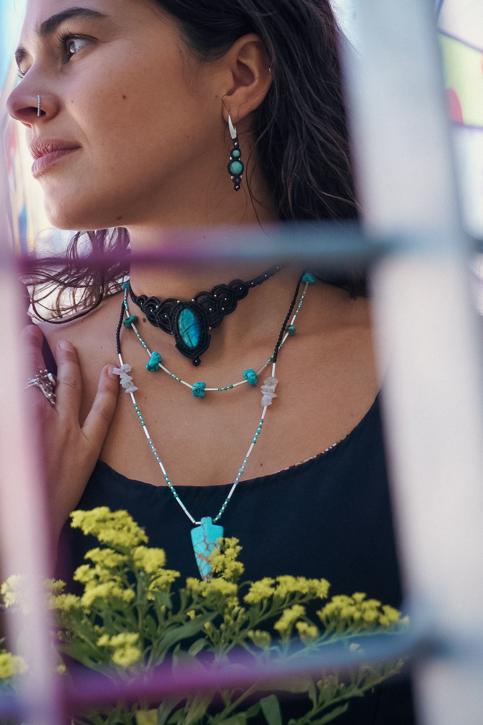 Collar Punta de Turquesa, Amazonita, Piedra Luna Arcoíris y Labradorita