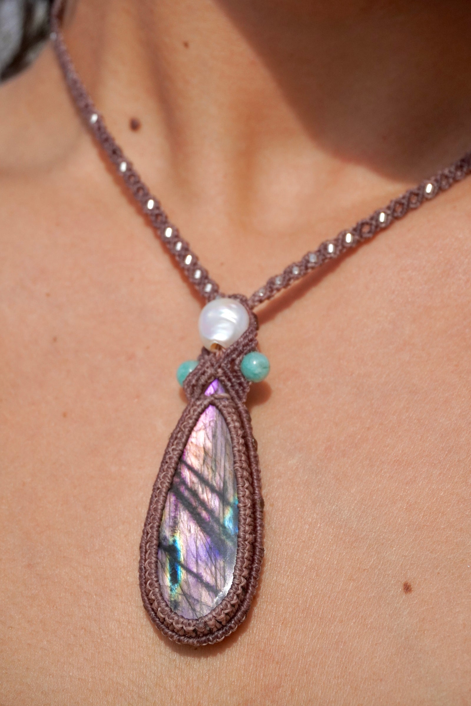 Collar labradorita, Amazonita, Perla y Amatista