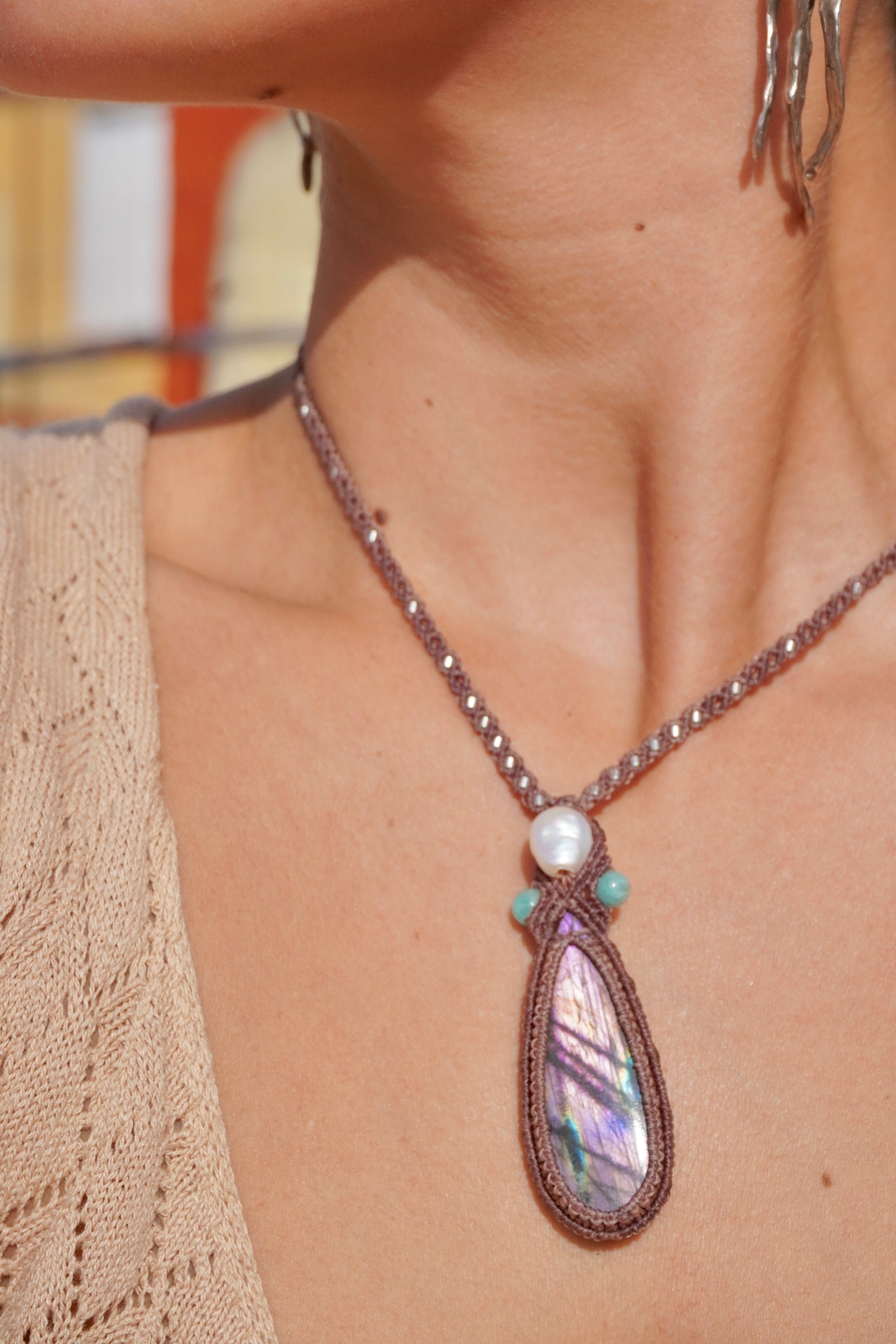 Collar labradorita, Amazonita, Perla y Amatista