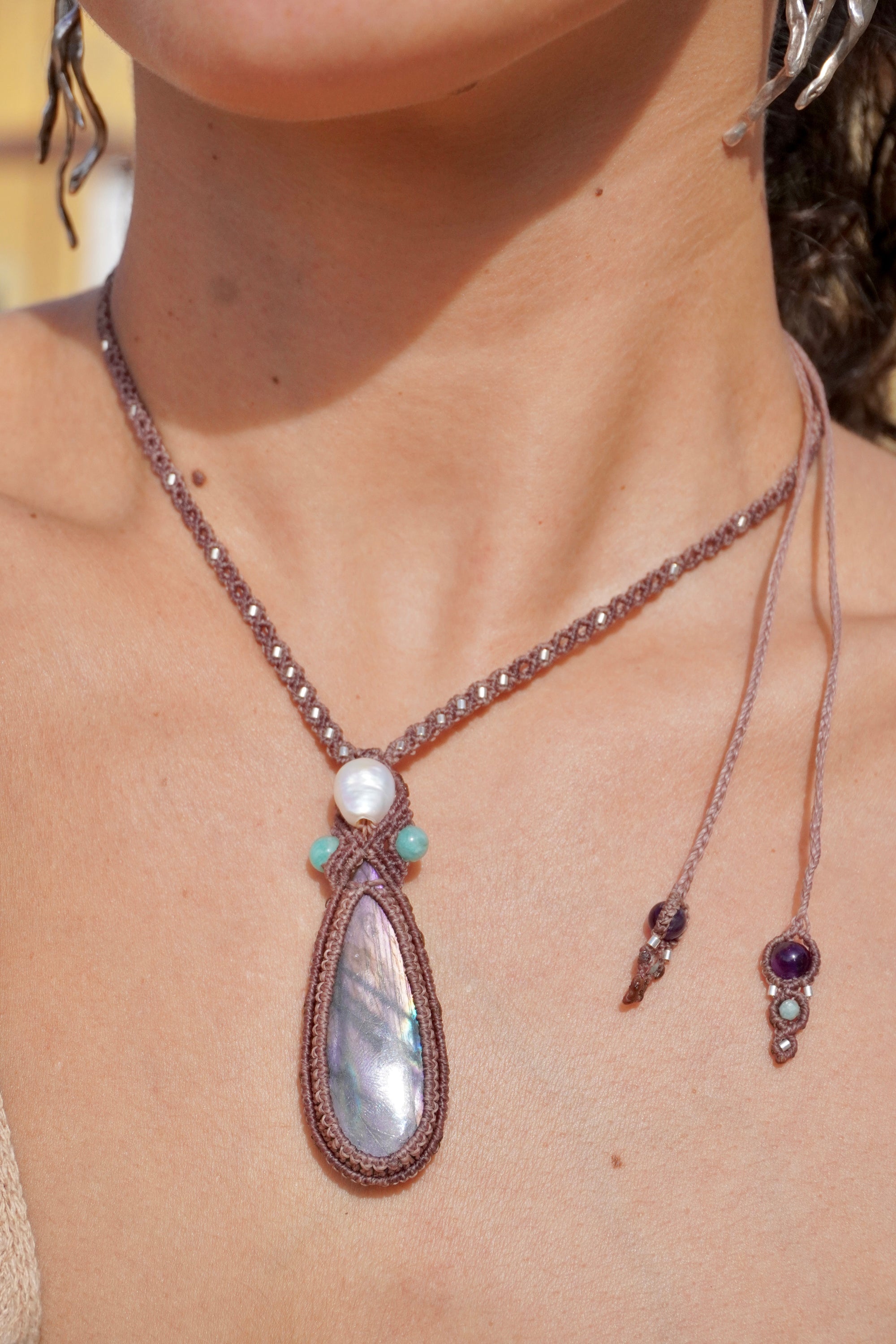 Collar labradorita, Amazonita, Perla y Amatista