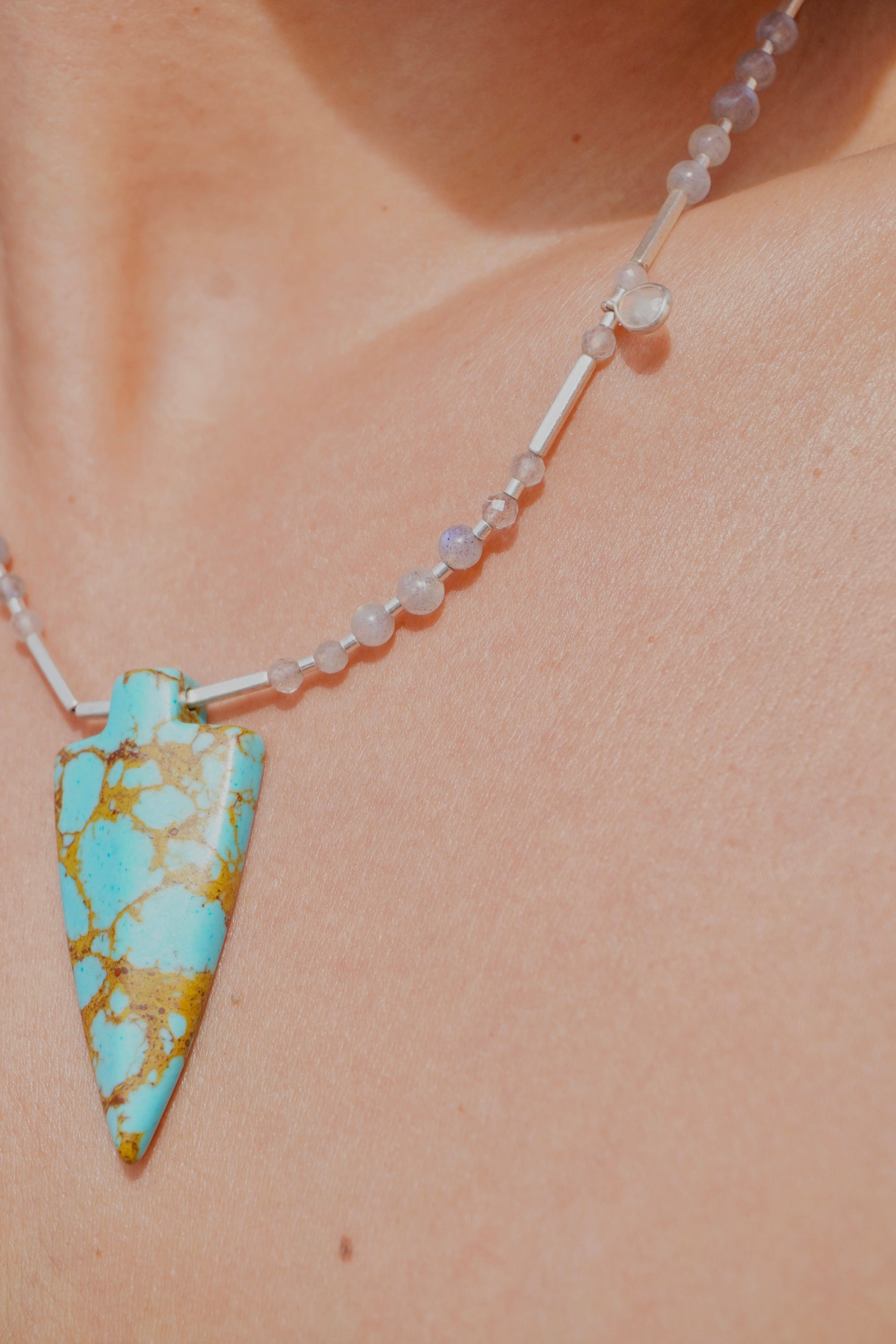 Collar punta de Turquesa, labradorita y piedra luna arcoíris