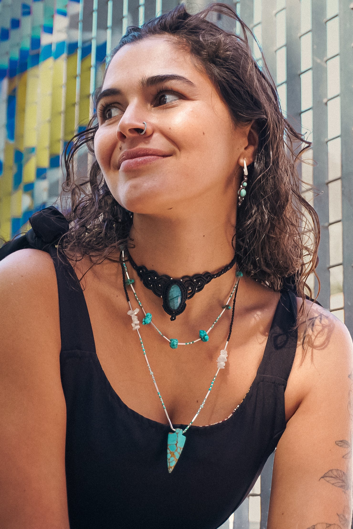 Collar Punta de Turquesa, Amazonita, Piedra Luna Arcoíris y Labradorita