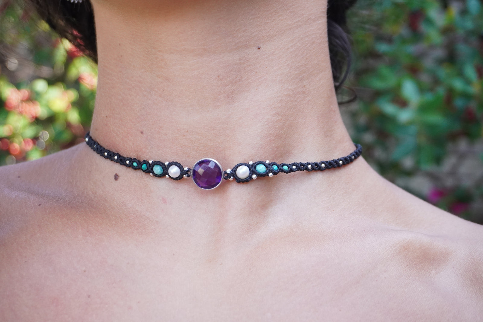 Choker de Amatista, Perlas, Amazonita y Turquesa
