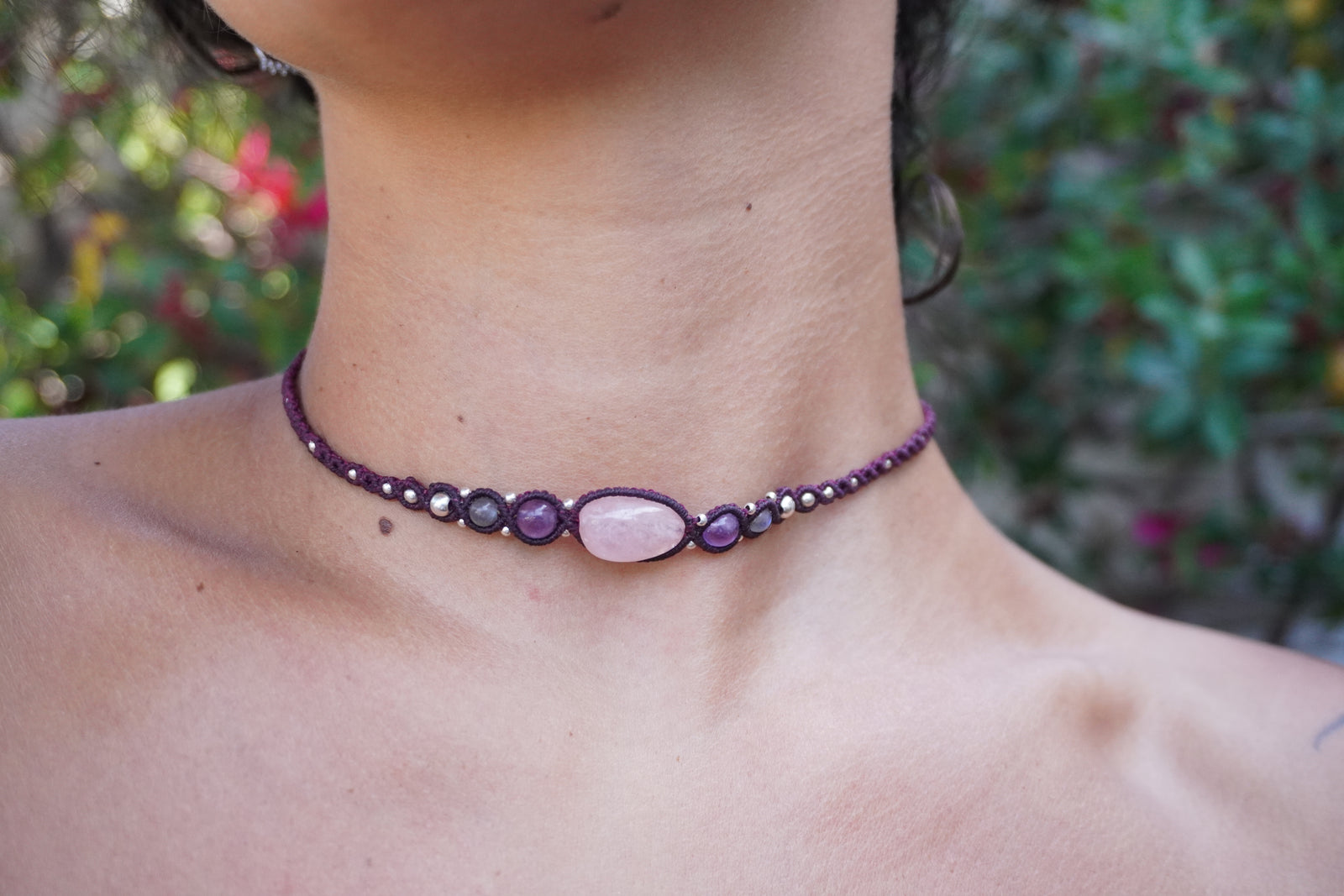 Choker de Rodonita, Aamatista, Labradorita y Cuarzo rosa