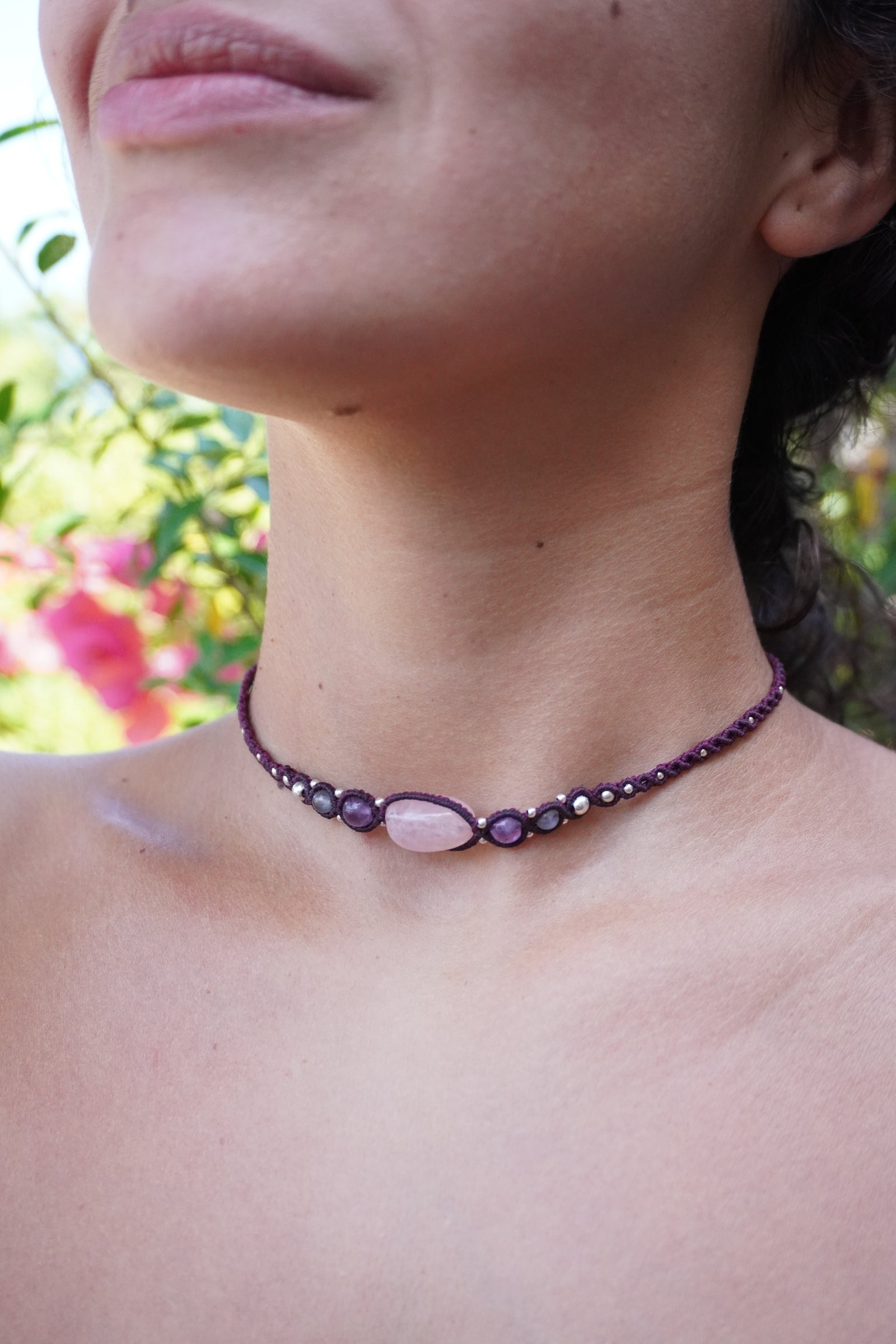 Choker de Rodonita, Aamatista, Labradorita y Cuarzo rosa