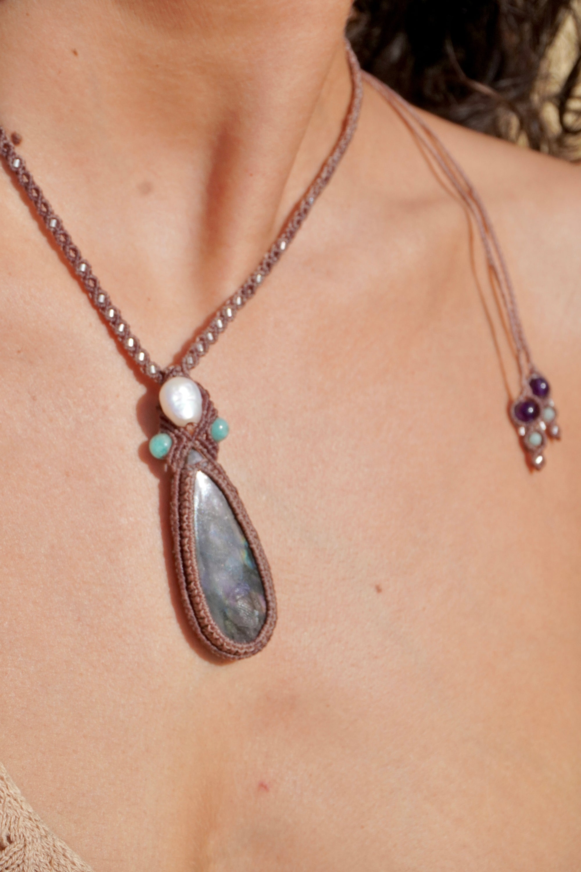 Collar labradorita, Amazonita, Perla y Amatista