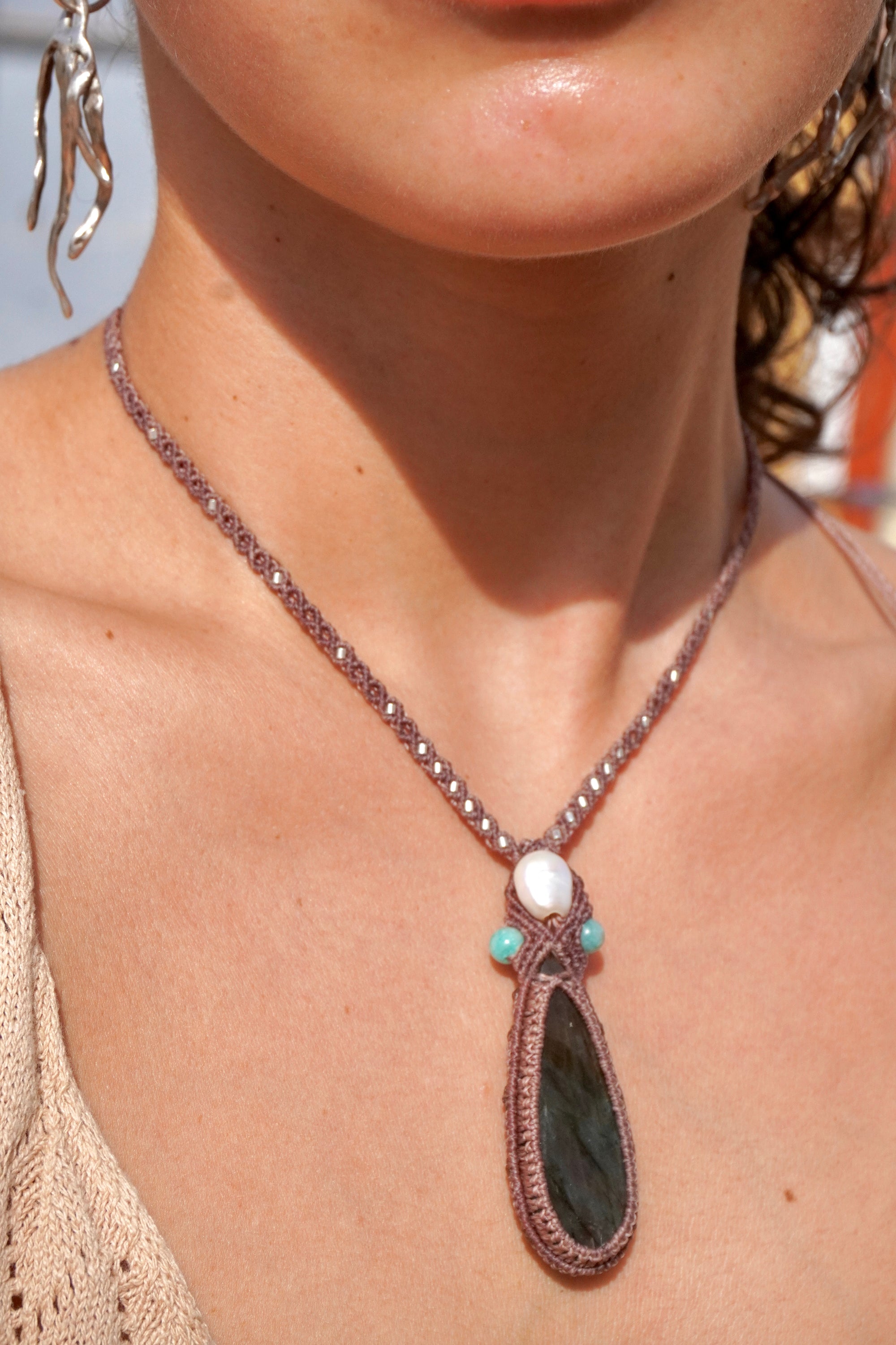 Collar labradorita, Amazonita, Perla y Amatista