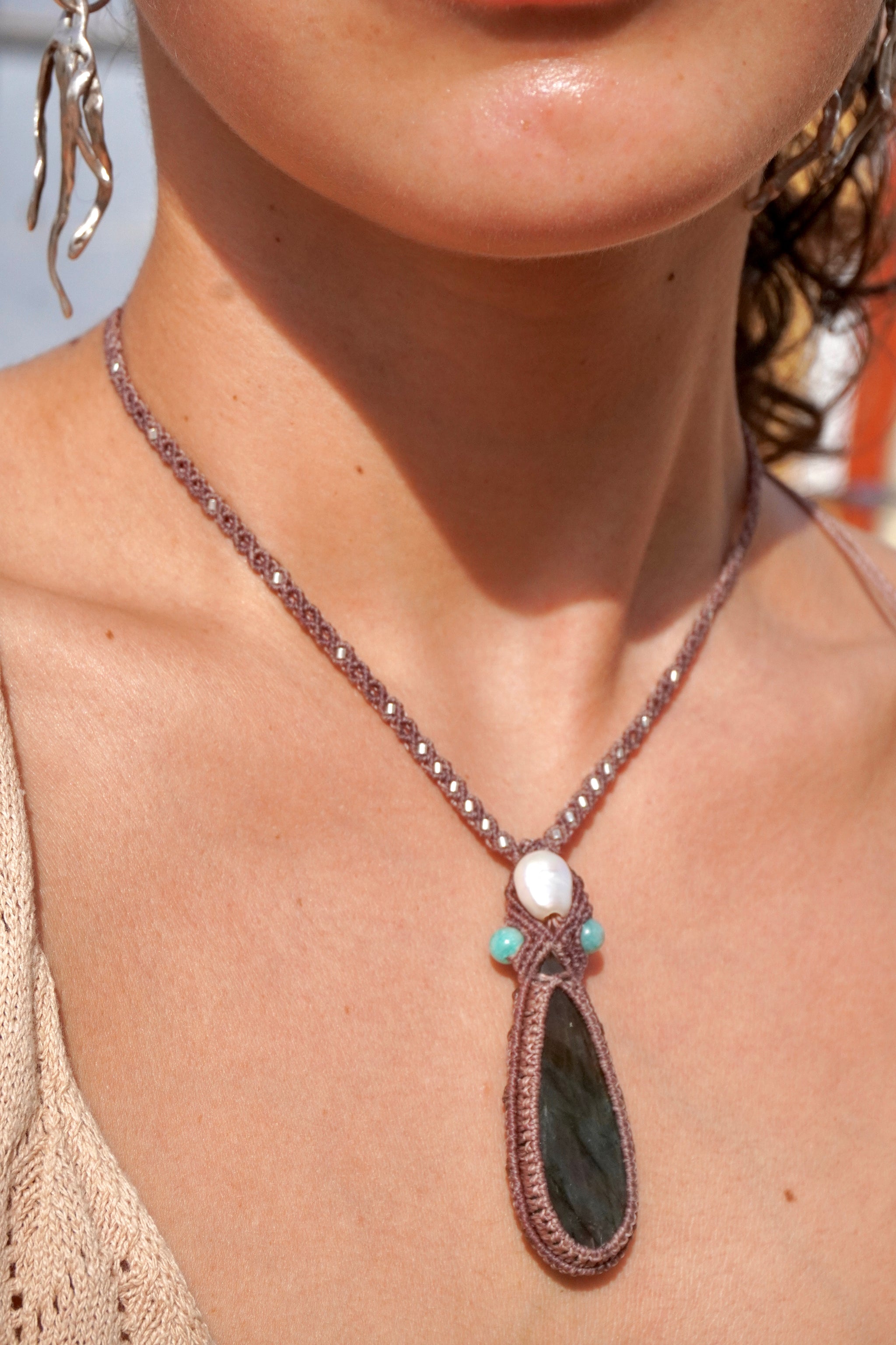 Collar labradorita, Amazonita, Perla y Amatista