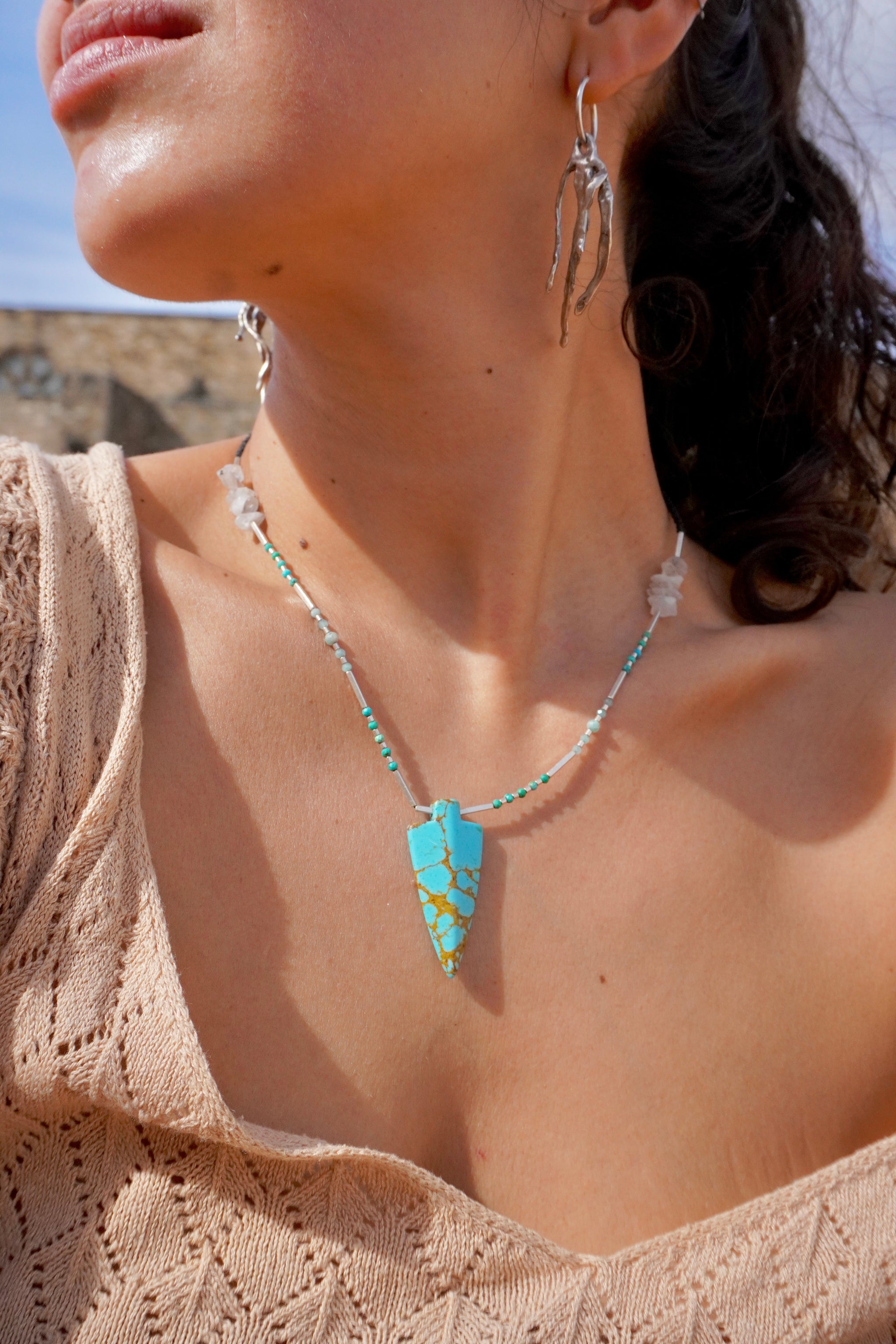 Collar Punta de Turquesa, Amazonita, Piedra Luna Arcoíris y Labradorita