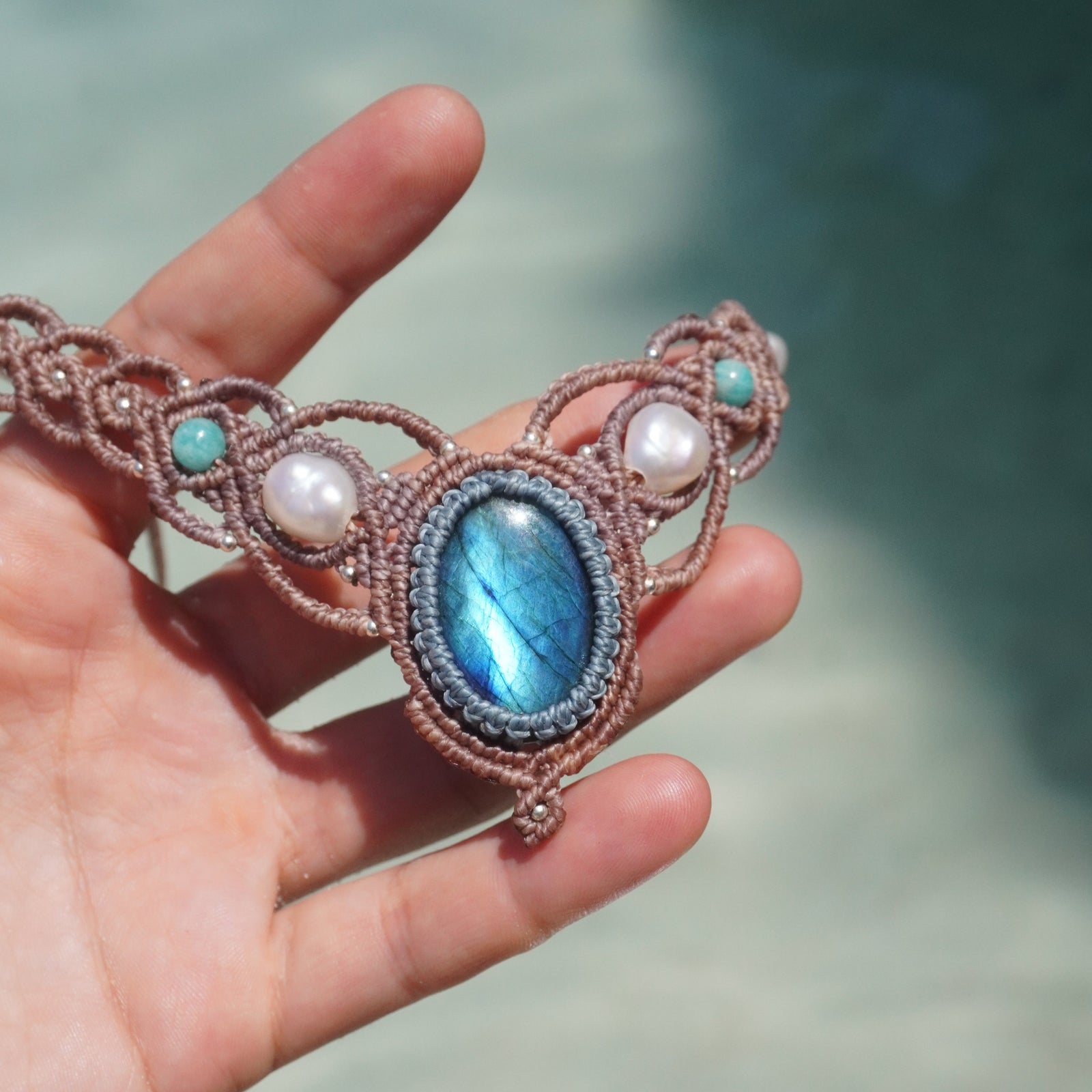 Gargantilla de Labradorita, Perlas y Amazonita
