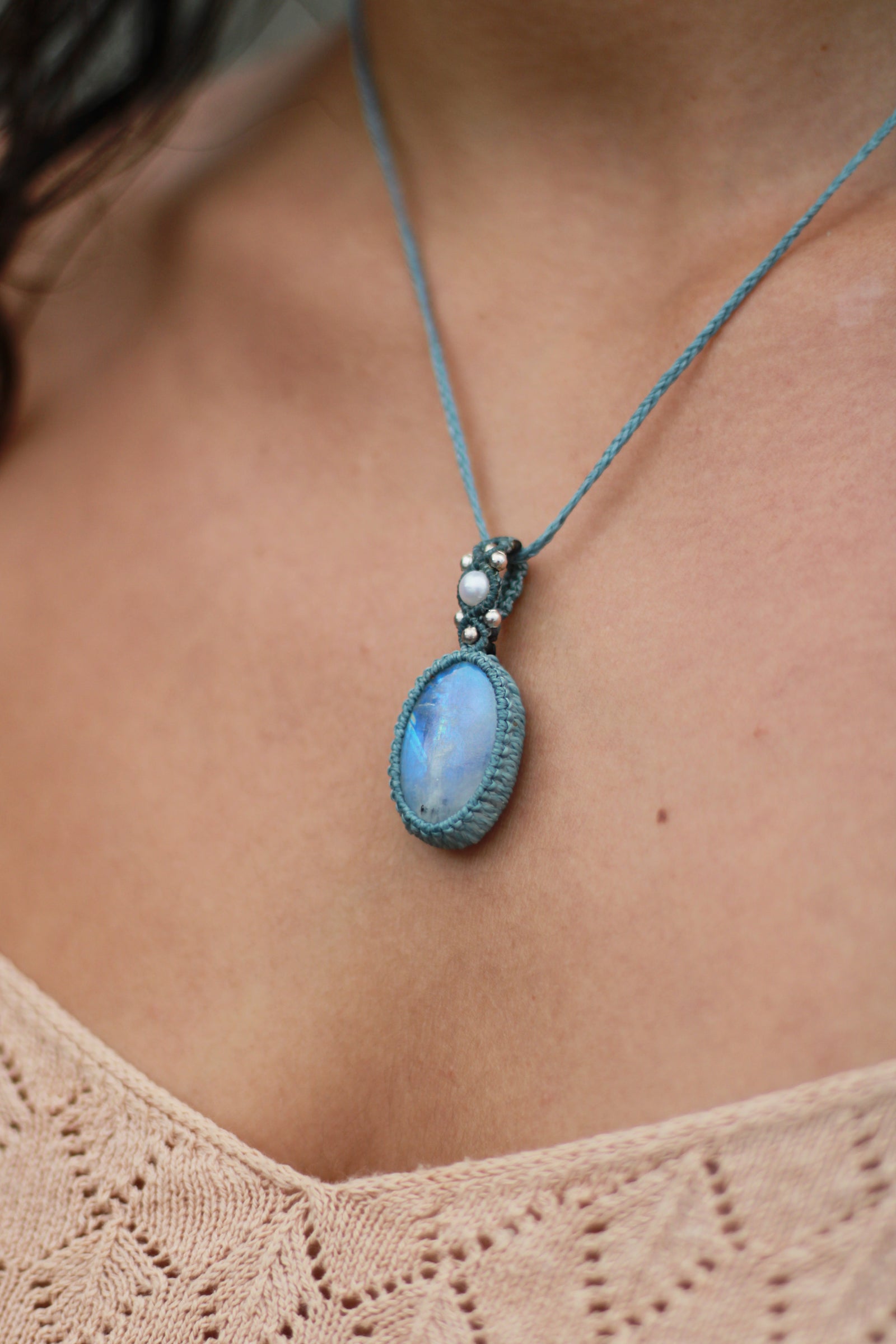 Collar de Piedra Luna Arcoiris, Perlas y Aguamarina
