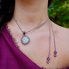 Collar de Cuarzo solar, granate y plata en micromacramé cafesito