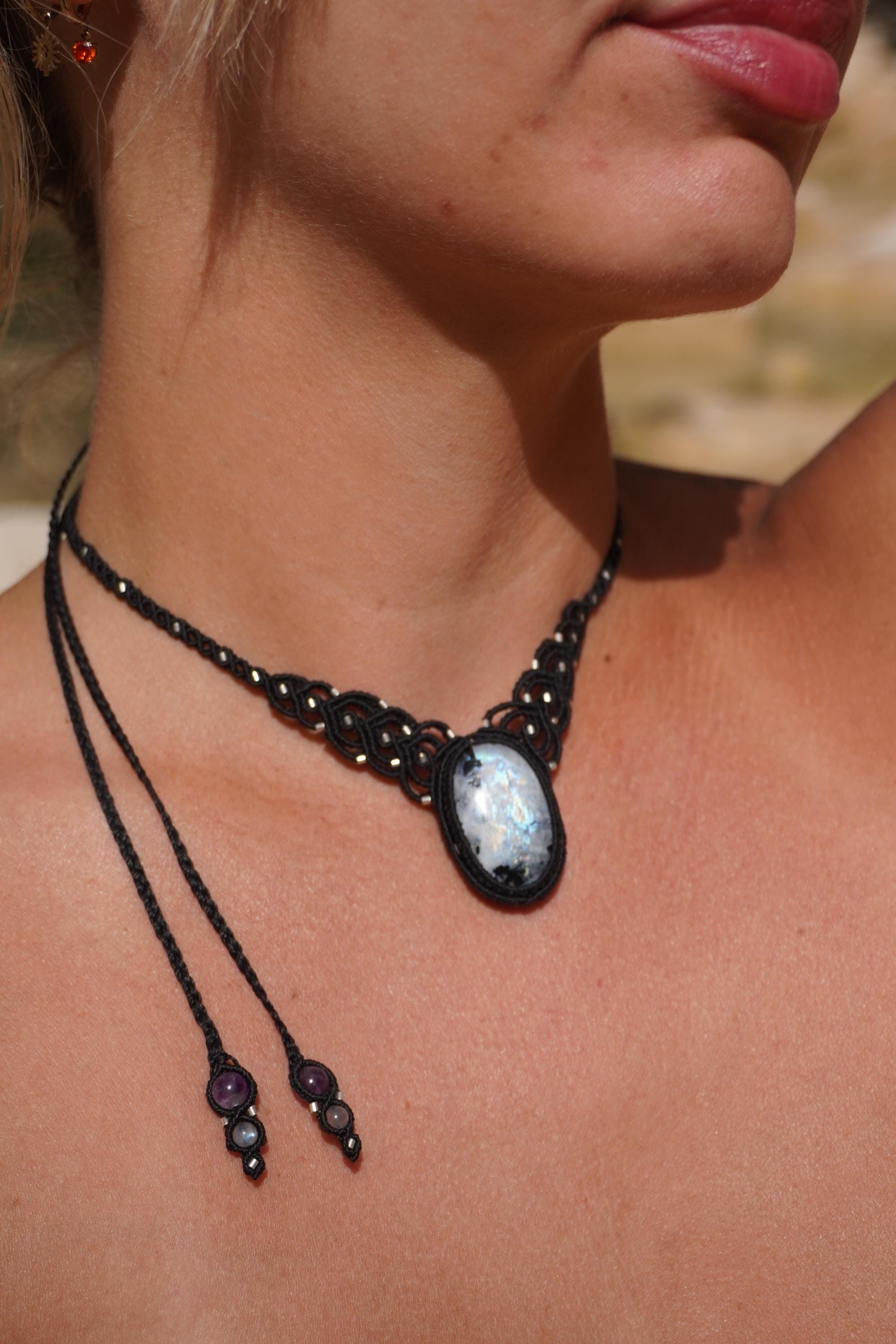 Gargantilla de Piedra Luna Arcoiris, plata Labradorita y Amatista